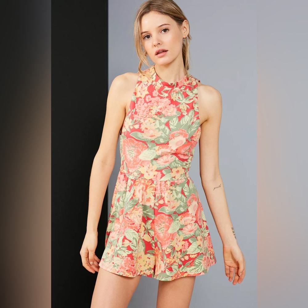 Kimchi Blue Coral and Green Floral Jumpsuit